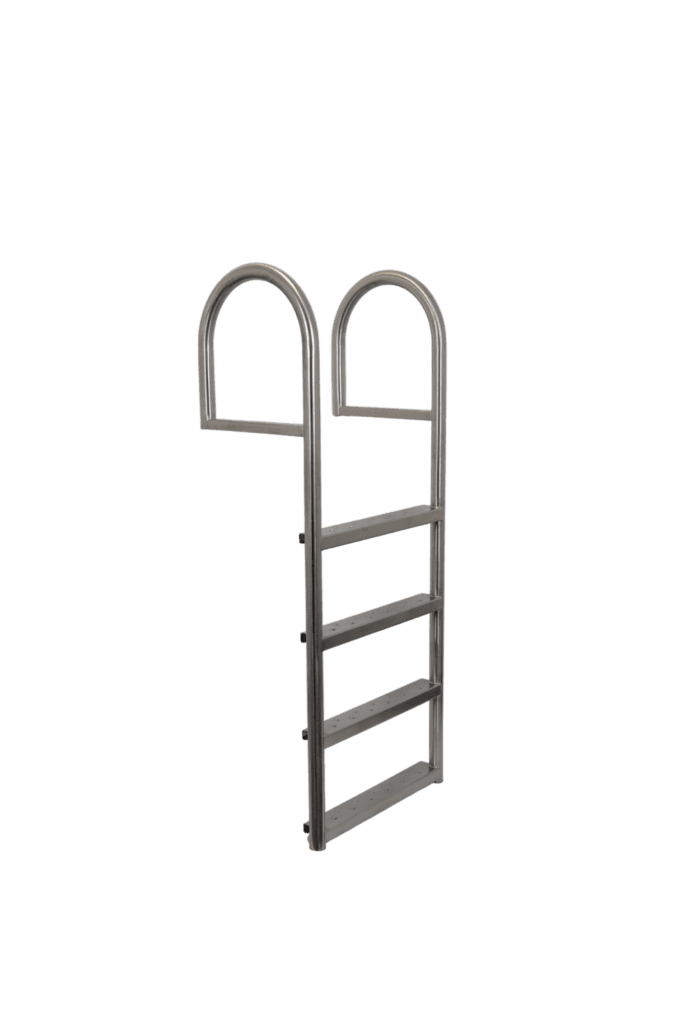 Reddingstrap gemaakt van roestvrij staal met vier treden en gebogen handgrepen, geschikt voor installatie aan steigers en kades.