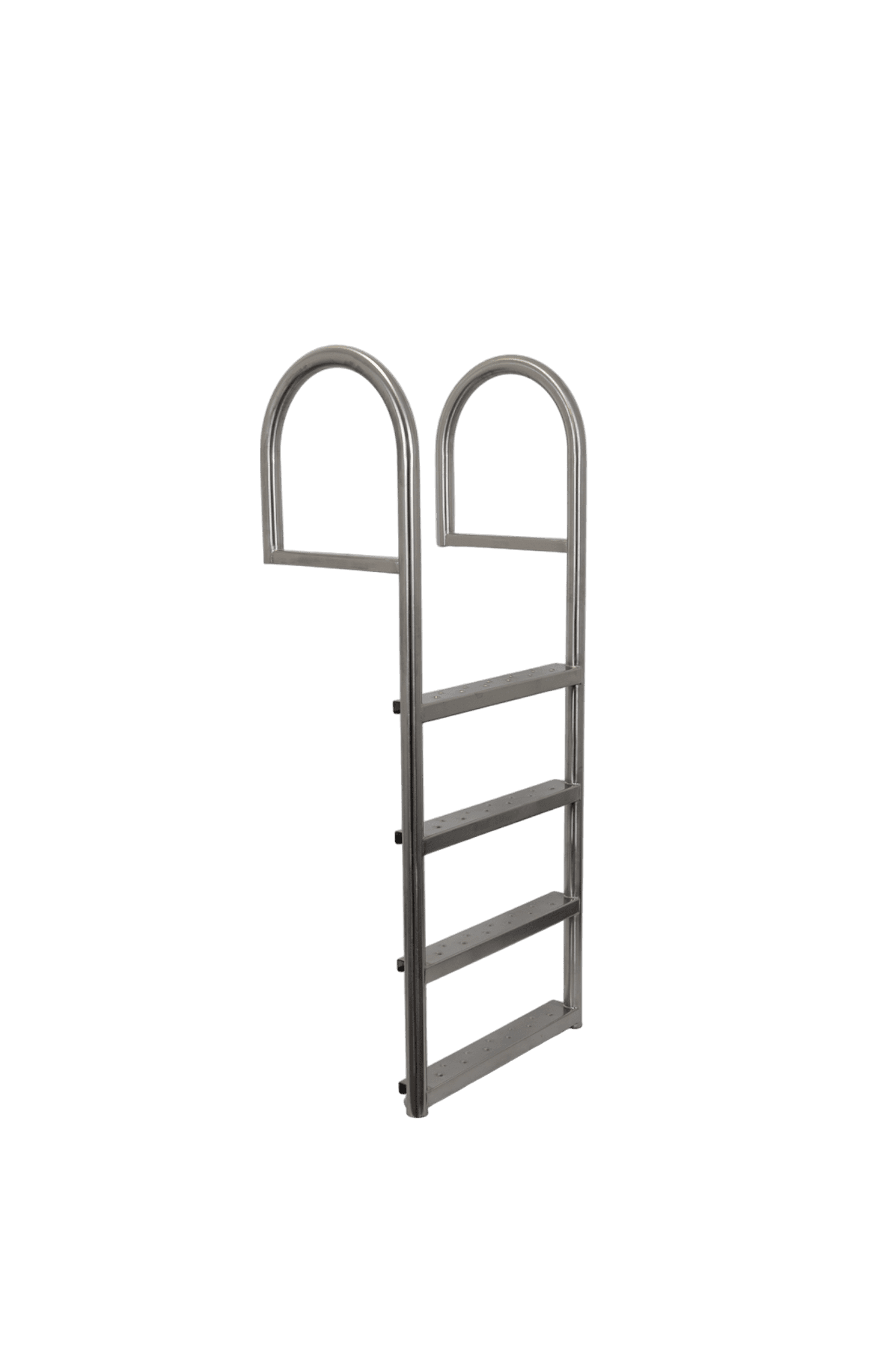 Reddingstrap gemaakt van roestvrij staal met vier treden en gebogen handgrepen, geschikt voor installatie aan steigers en kades.