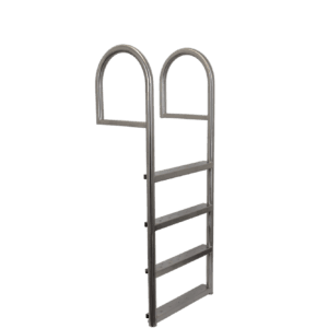 RVS zwemladder met vijf treden en een dubbele boogvormige handgrepen .