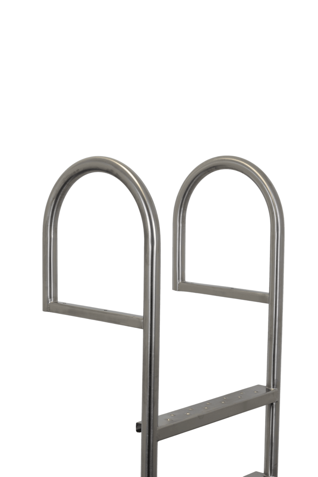 RVS zwemtrap met elegante, gebogen handgrepen voor comfortabele ondersteuning. De trap is voorzien van antislip noppen op de treden en heeft een robuuste en duurzame afwerking, ideaal voor gebruik aan kades en steigers.