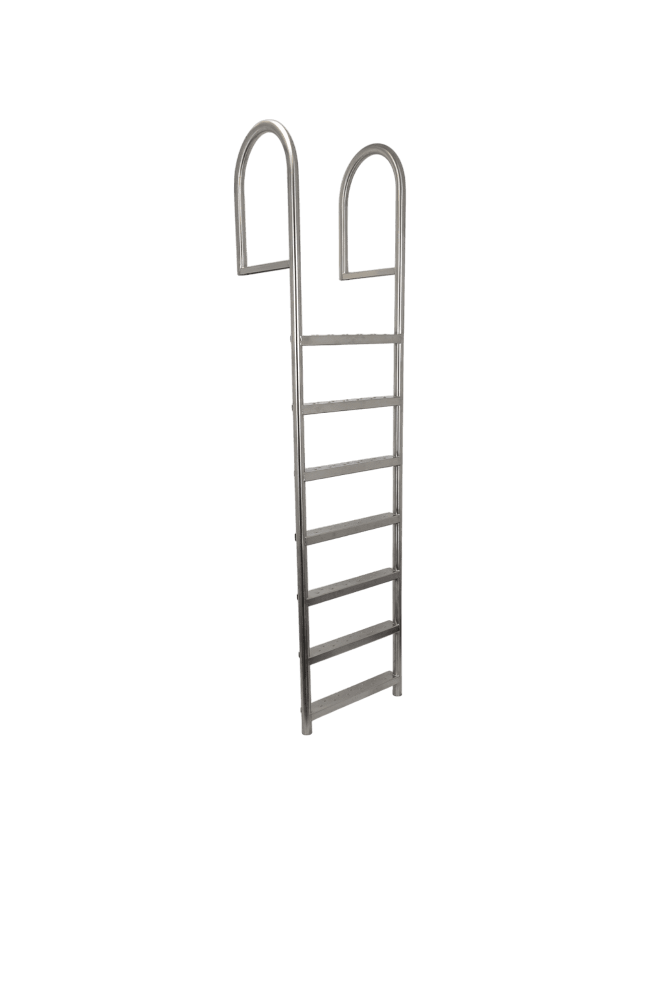 RVS zwemtrap met zeven treden en twee handgrepen, tegen een witte achtergrond.