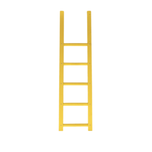 Geel kunststof veiligheidsladder met vijf treden, geschikt voor diverse toepassingen. Ontworpen voor gebruik in maritieme omgevingen zoals steigers en havens, met een stevige constructie en opvallende kleur.