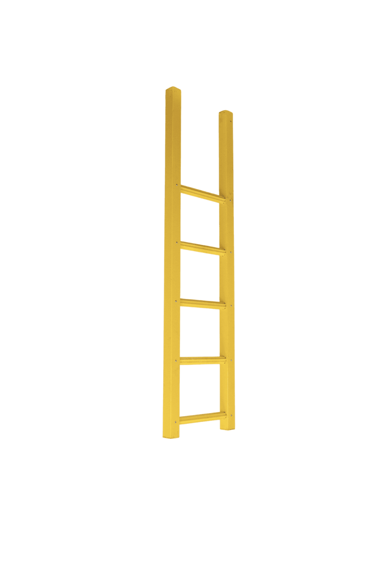  Geel kunststof veiligheidsladder met vijf treden, geschikt voor diverse toepassingen. Ontworpen voor gebruik in maritieme omgevingen zoals steigers en havens, met een stevige constructie en opvallende kleur.