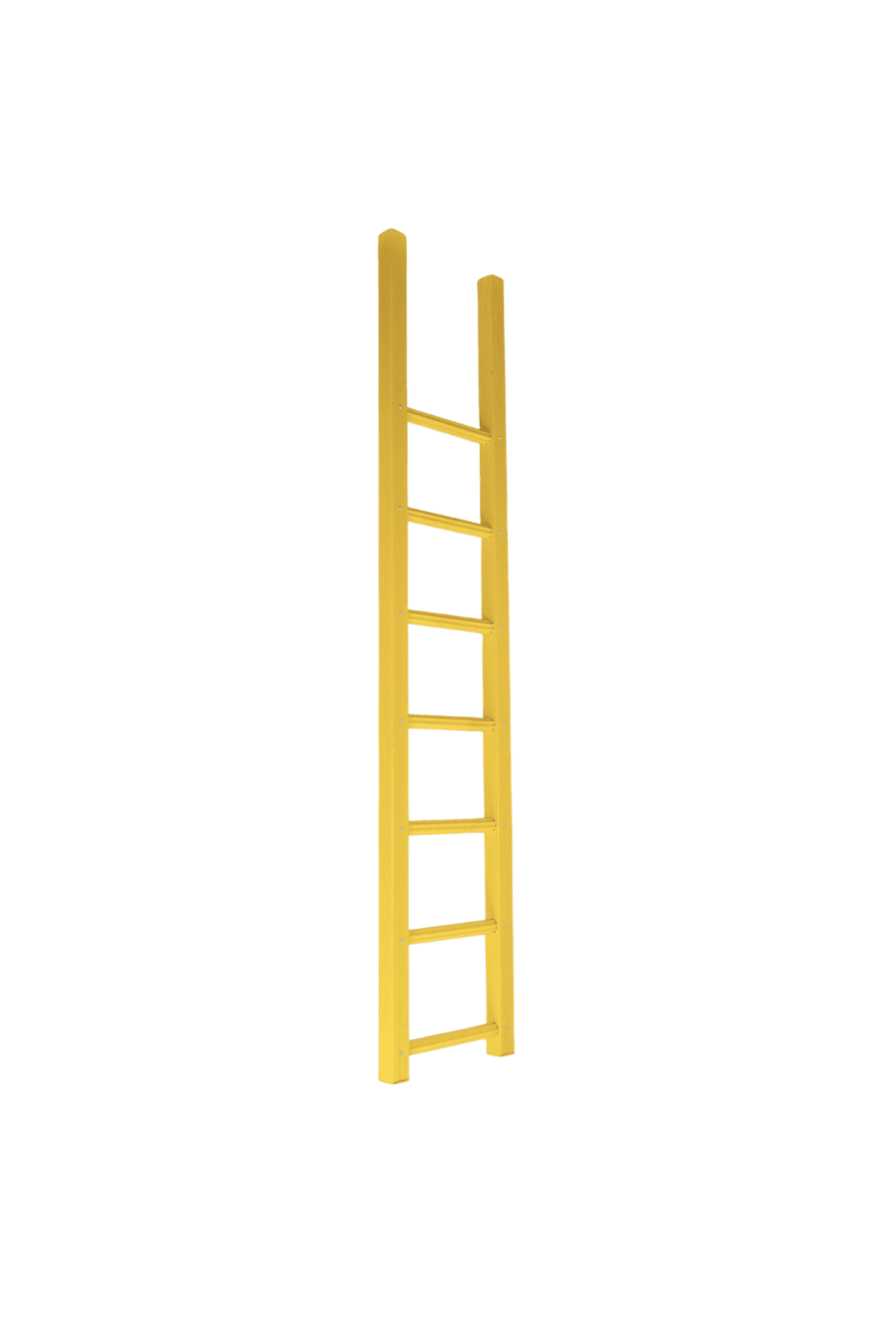  Geel kunststof veiligheidsladder met zeven treden, geschikt voor diverse toepassingen. Ontworpen voor gebruik in maritieme omgevingen zoals steigers en havens, met een stevige constructie en opvallende kleur.