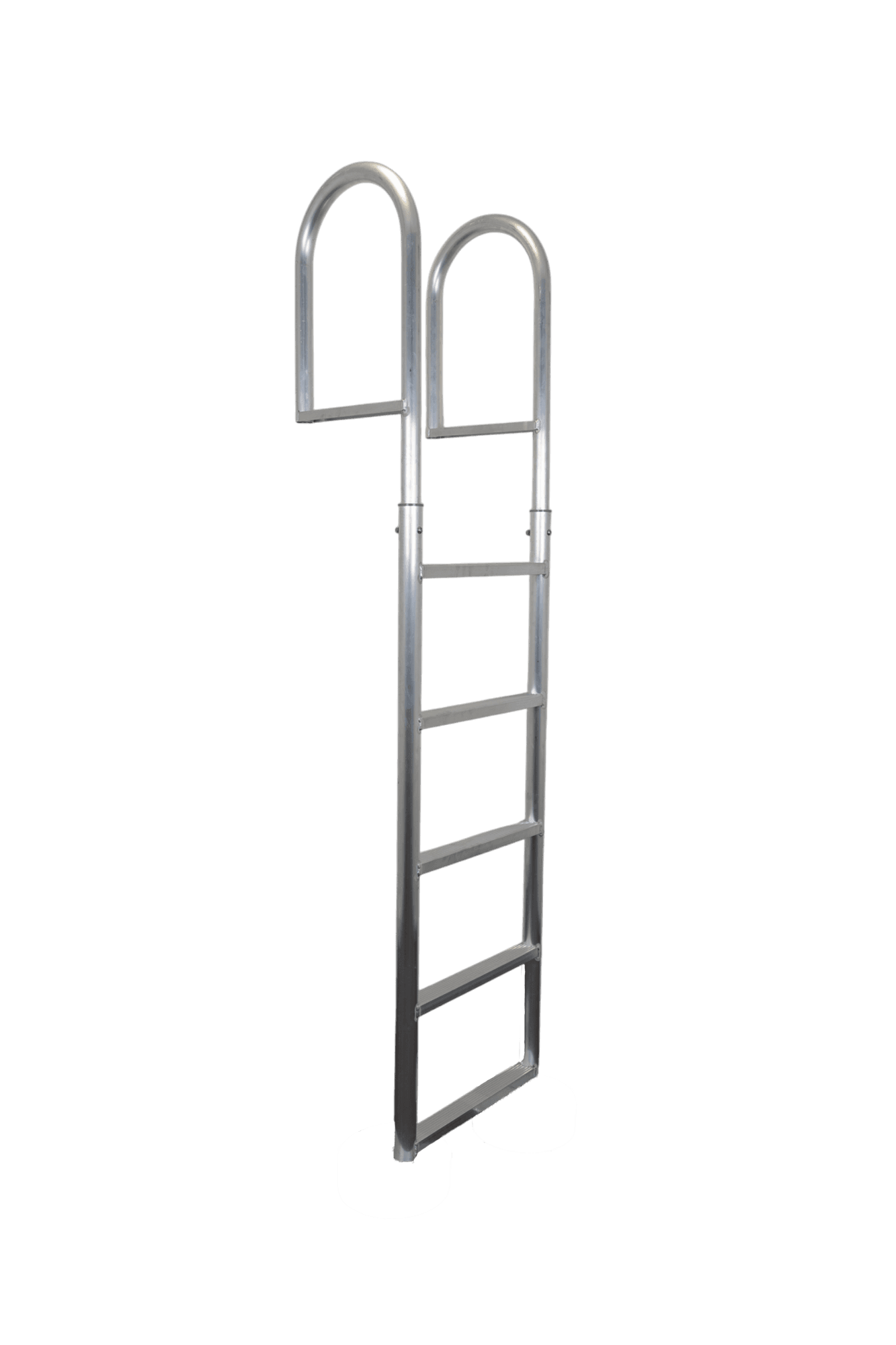  Een aluminium zwemtrap met vijf geribbelde treden en ergonomisch gebogen handgrepen. De duurzame constructie biedt veilige toegang tot het water en is ideaal voor montage aan steigers of zwemplatforms. Gefotografeerd in een zijaanzicht voor een volledig overzicht van het ontwerp.