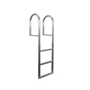 Een complete aluminium zwemtrap met drie stevige, geribbelde treden en gebogen handgrepen. De duurzame constructie biedt veilige toegang tot het water en is ideaal voor montage aan steigers of zwemplatforms. Gefotografeerd in een zijaanzicht.