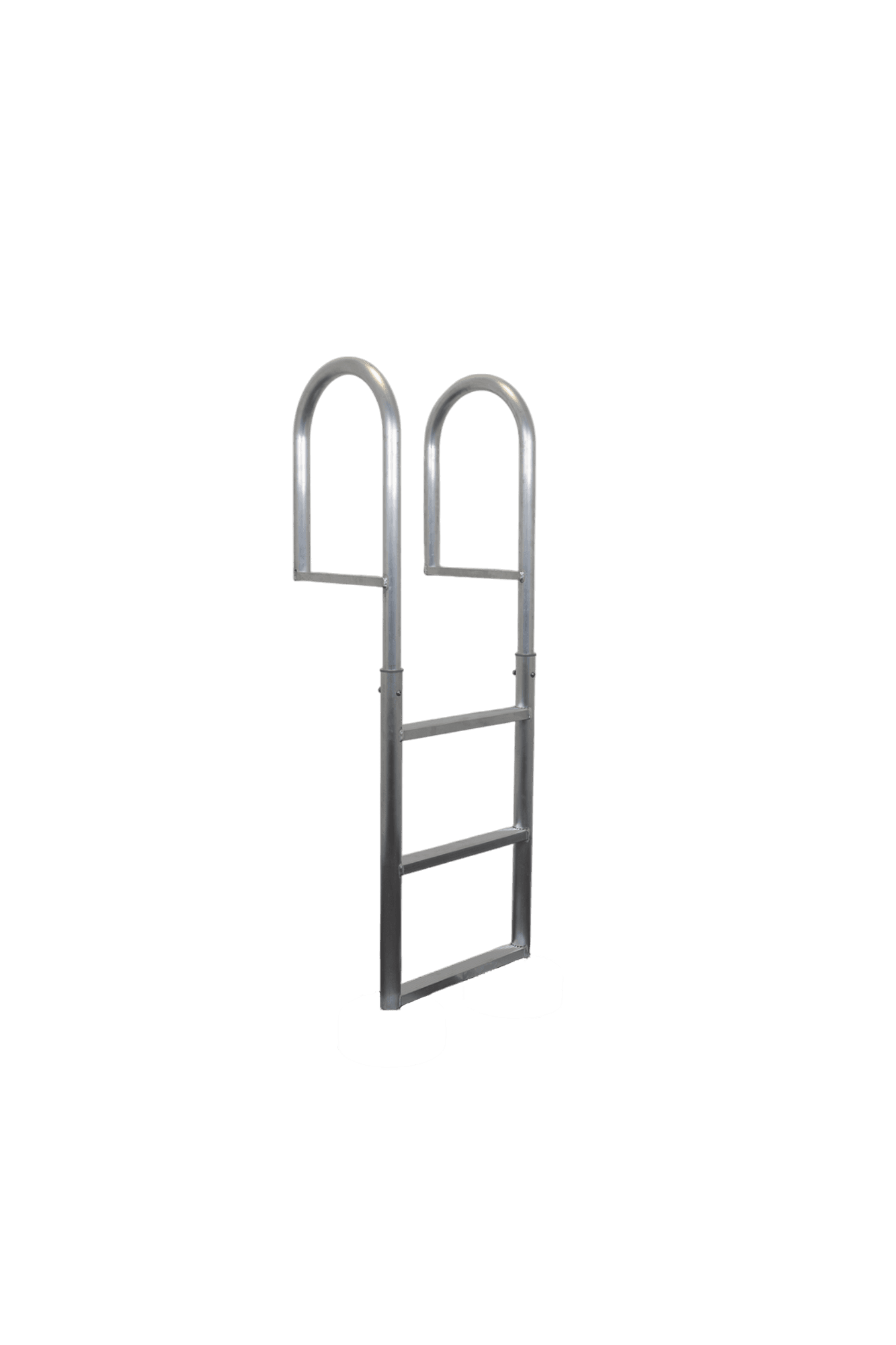  Een complete aluminium zwemtrap met drie stevige, geribbelde treden en gebogen handgrepen. De duurzame constructie biedt veilige toegang tot het water en is ideaal voor montage aan steigers of zwemplatforms. Gefotografeerd in een zijaanzicht.
