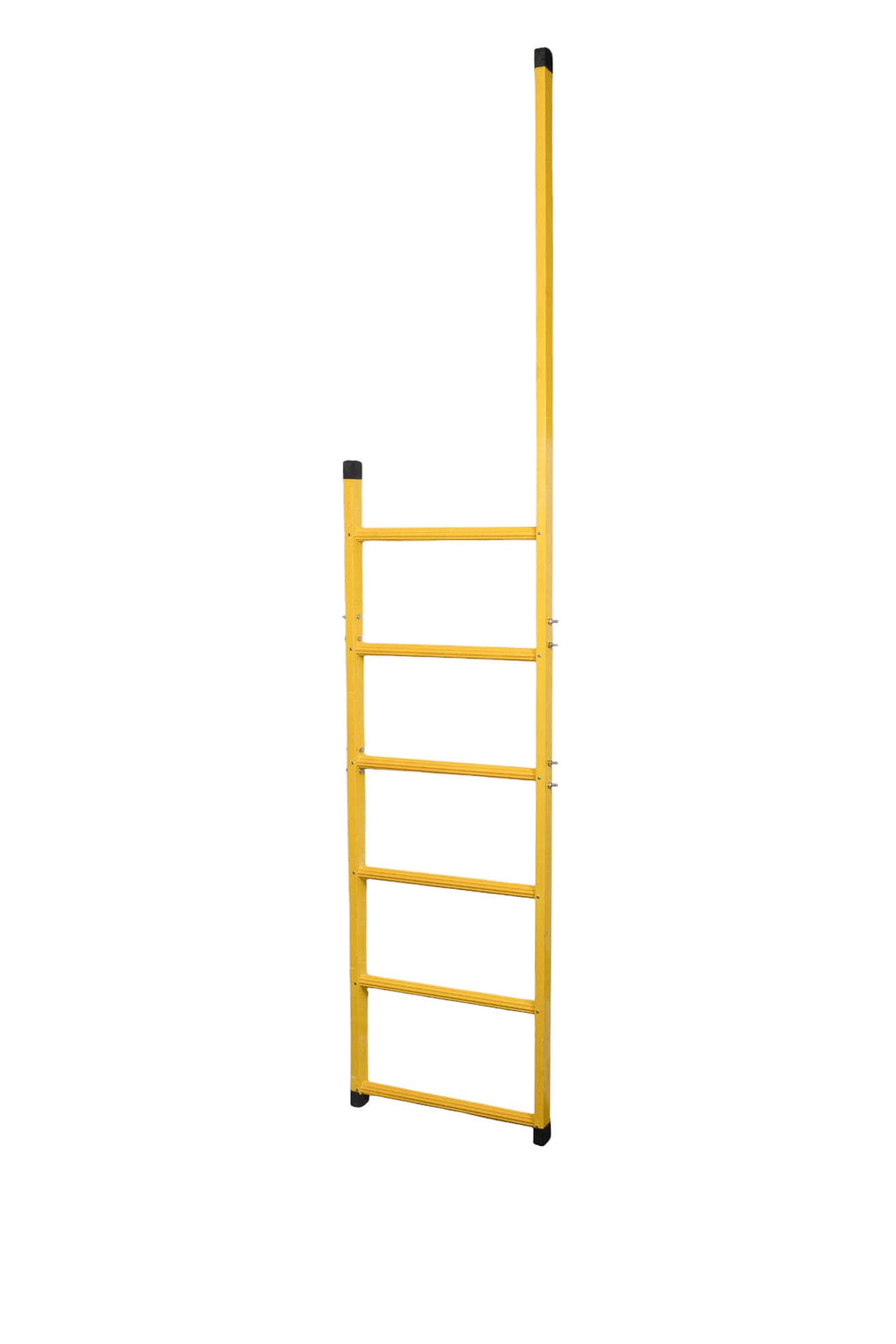 Diagonal View einer gelben Walcon -Sicherheitsleiter mit Grijppost, die für maritime Anwendungen entwickelt wurde.