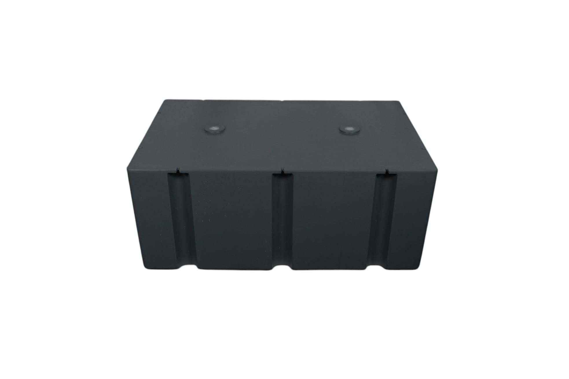  Bovenaanzicht van een grijze kunststof drijver met montagegleuven, geschikt voor drijvende terrassen.