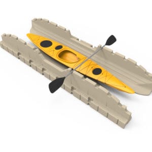 3D rendering of an EZ Dock kaya lunch with a yellow kayak and paddle secured on the platform.