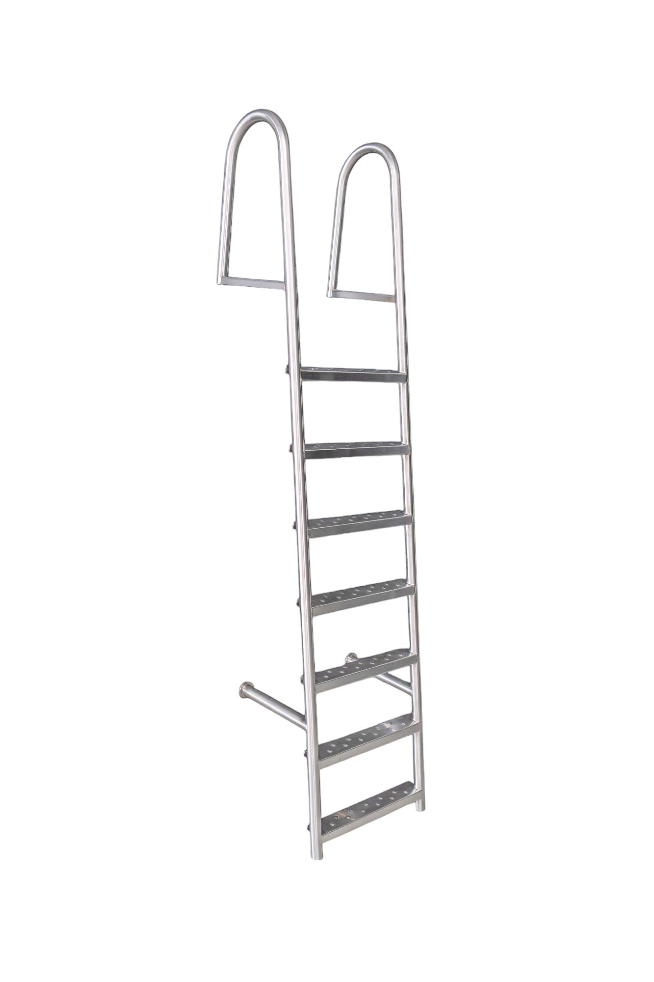 RVS zwembadladder met zeven treden en handgrepen aan de bovenkant.