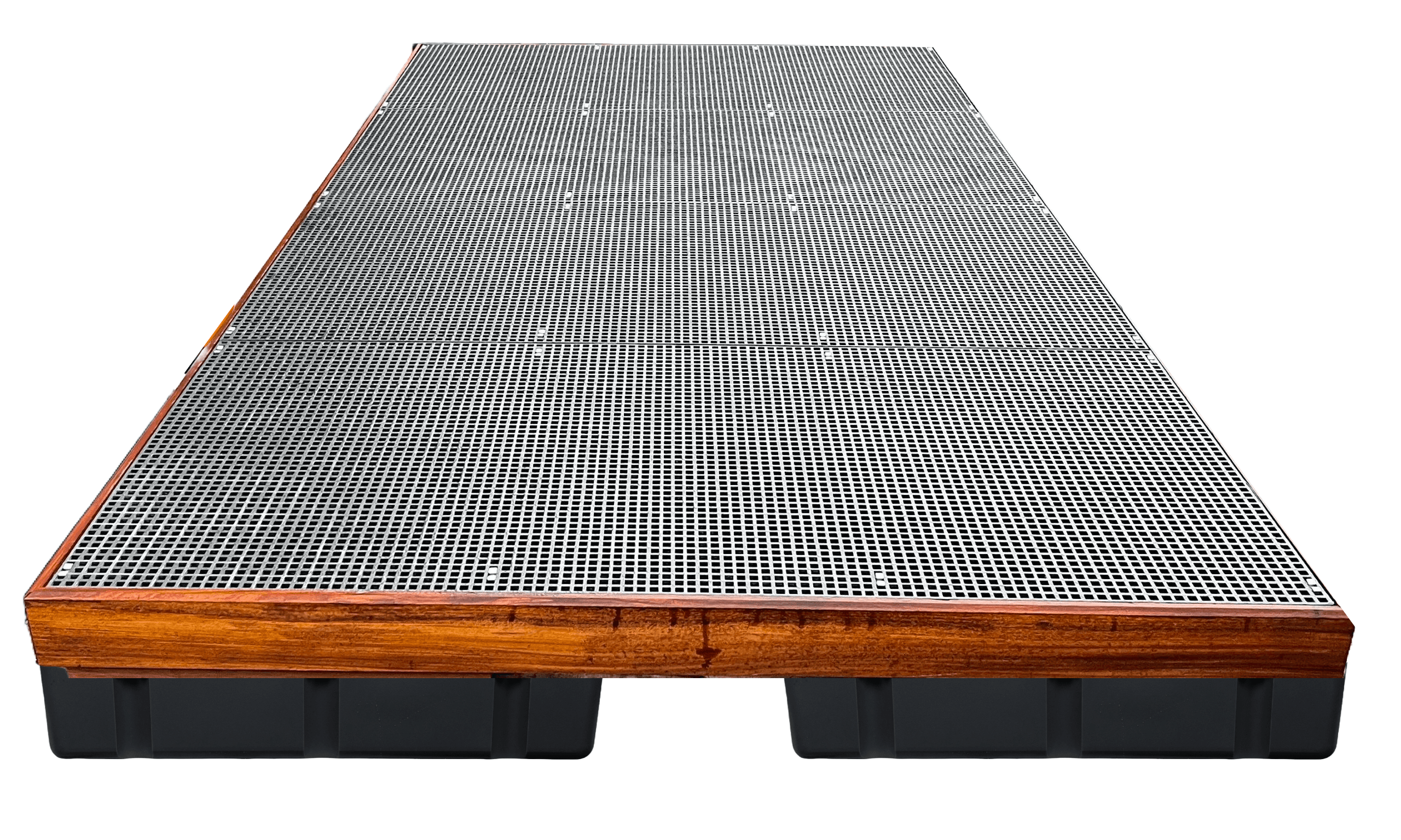 Drijvend terras met kunststof drijvers en Geveka roosters, voorzien van een stevig Azobé hardhouten frame. Perfect voor tuinen, woonboten en watersport.