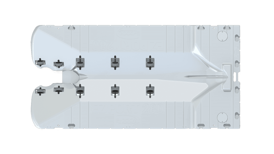 Upper view of Gray EZ Dock Steiger 280 for water scooter with central keel shape and rubber rolls