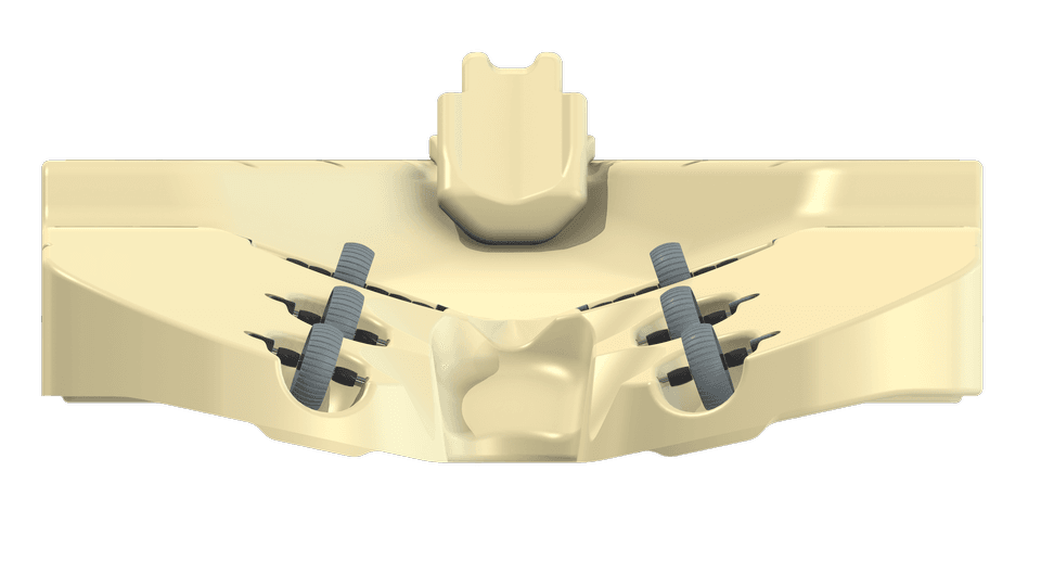 Beige Ez Dock max 2i scaffolding seen from the front, with double ramps and rubber rolls