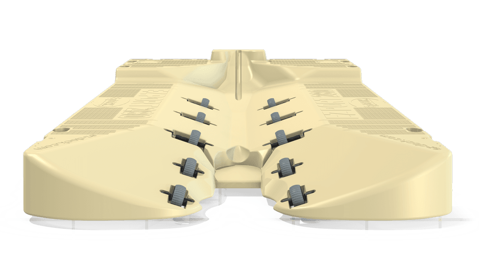 Front view of Beige Ez Dock Steiger 280 with double row of rubber rolls and low rising angle