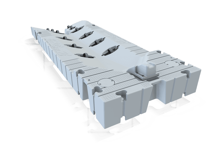 Rear view of gray max 2i water scooter scaffolding with a view of connection points and flat deck