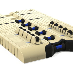 3D-vooraanzicht van de EZ Dock Optimus BoatPort met zicht op rubberrollen, zijgeleiders en modulaire structuur