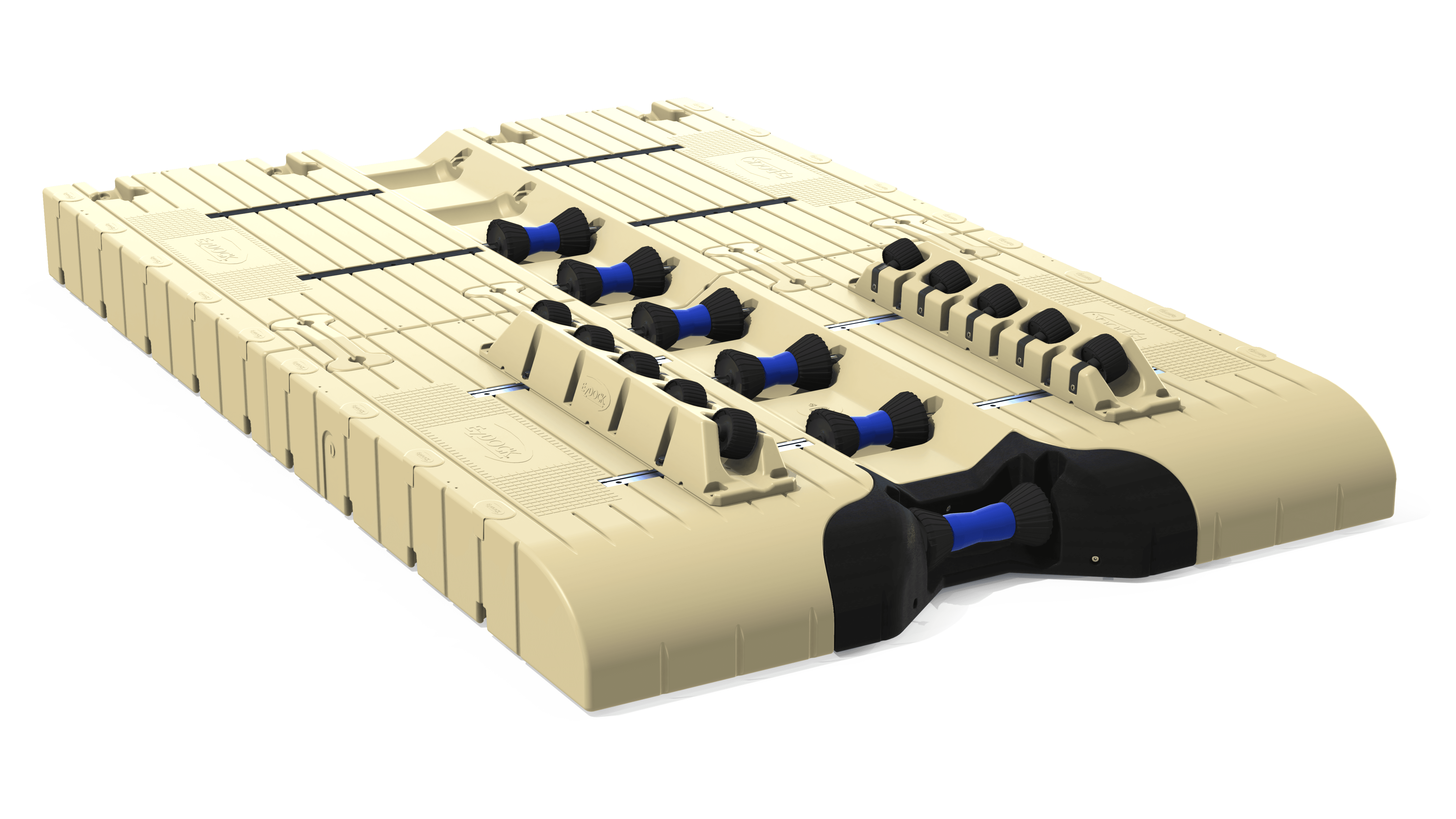  3D -Frontansicht des EZ Dock Optimus BoatPort mit Aussicht auf Gummibrötchen, Seitenführer und modulare Struktur