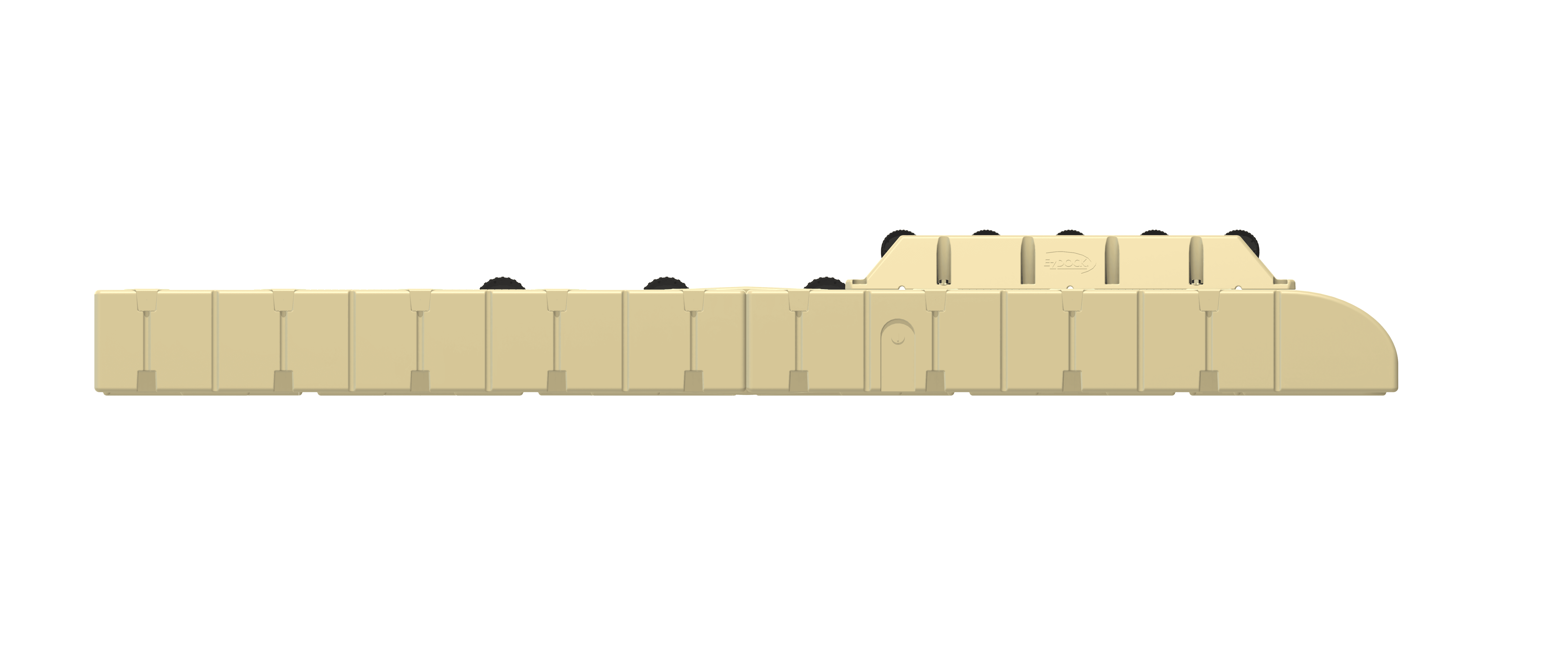  Seitenansicht des Beige Optimus BoatPort mit Blick auf die Plattformhöhe und die Rollenkonfiguration.