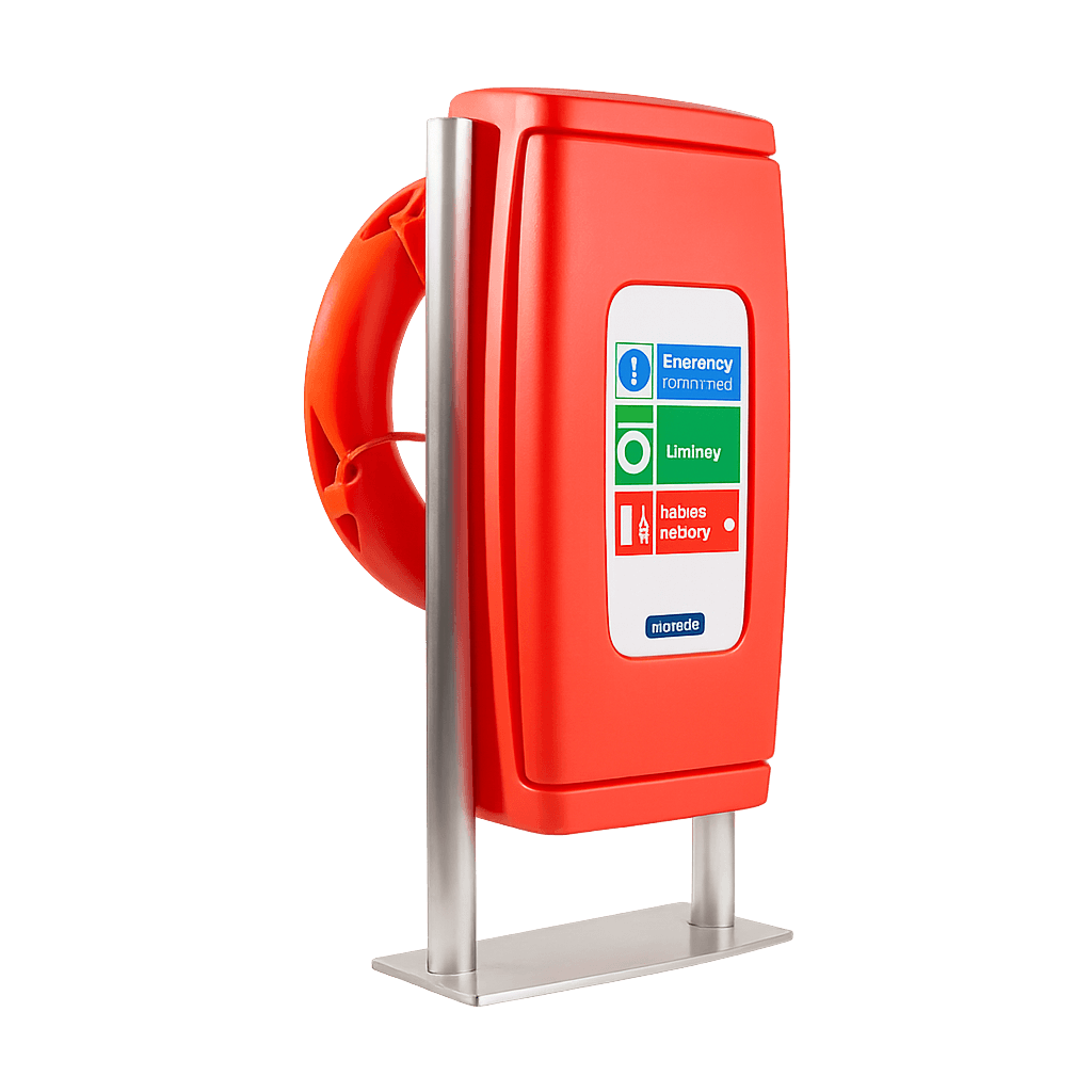 Lege rode veiligheidsbox met aluminium standaard, geschikt voor reddingsboei, geplaatst tegen een witte achtergrond.